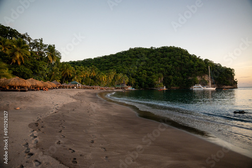 Sunset at Anse Chastanet Jade Mountain Resort beach on Saint Lucia.  Shot on a mirrorless camera on the Caribbean island nation of St. Lucia with the Caribbean Sea in the background. photo