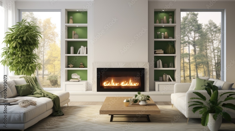 Naklejka premium Gas fireplace in a modern cozy living room