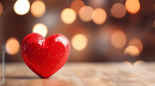 Close up of red heart on wooden table against defocused bokeh light background. Love  valentine s day concept. Generative Ai