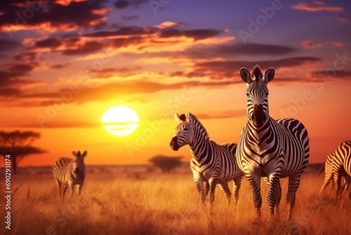 Group of zebras in the African savanna against the sunset.