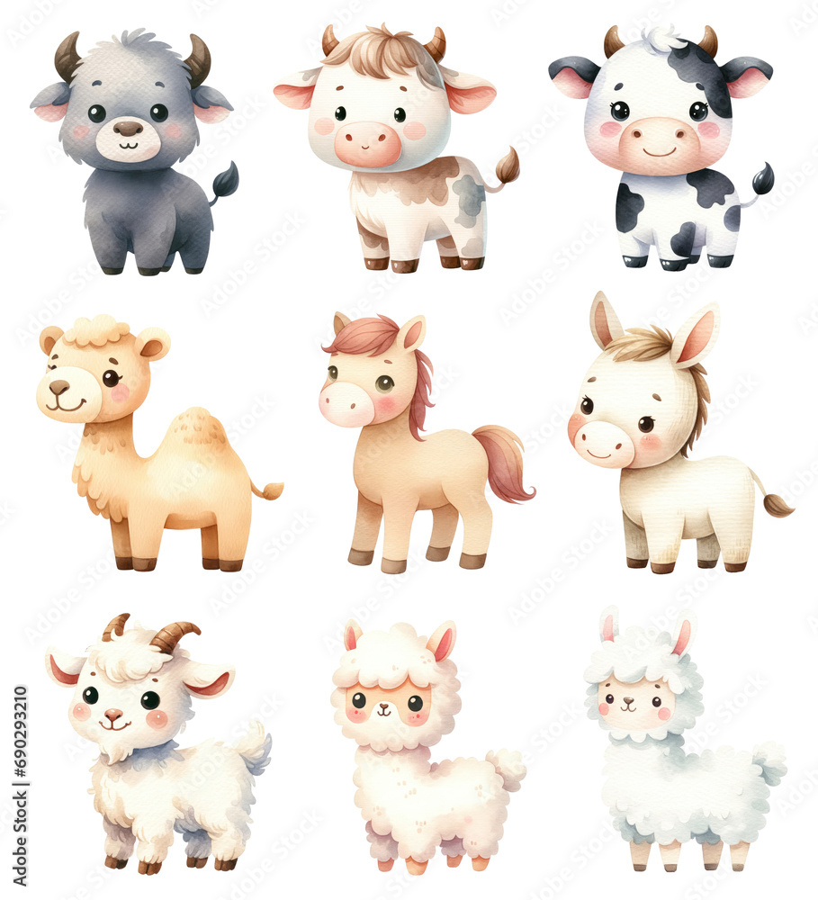Obraz premium Watercolor Cute Farm Animals Set. Set of Adorable Livestock Animals Clipart. Watercolor Domestic Animal Illustrations.