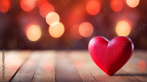Close up of red heart on wooden table against defocused bokeh light background. Love, valentine's day concept. Generative Ai