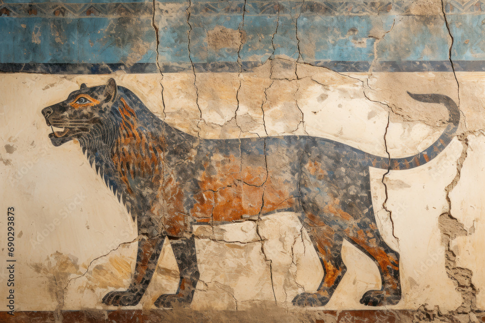 Naklejka premium Wall painting of wild animal, cracked vintage Ancient fresco of lion or panther. Old artifact of Sumerian or Babylonian civilization. Theme of art, nature, antiquity, mural and culture