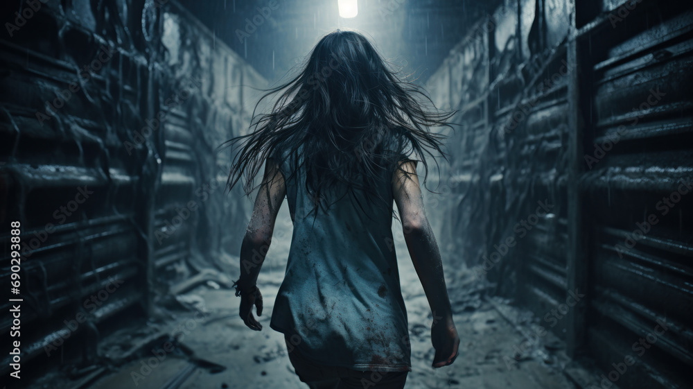 Young woman runs away alone in rain at night along scary corridor, back view of adult girl in spooky place. Female person like in thriller or horror movie. Concept of terror, escape