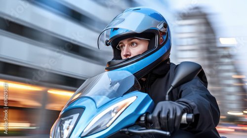 Close-up of a motorcyclist racer in a helmet riding a bike in the evening city against the background of blurred city streets and road. Equipment for a modern motorcyclist. © dinastya