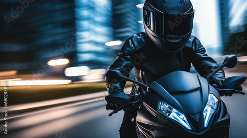 Close-up of a motorcyclist racer in a helmet riding a bike in the evening city against the background of blurred city streets and road. Equipment for a modern motorcyclist.