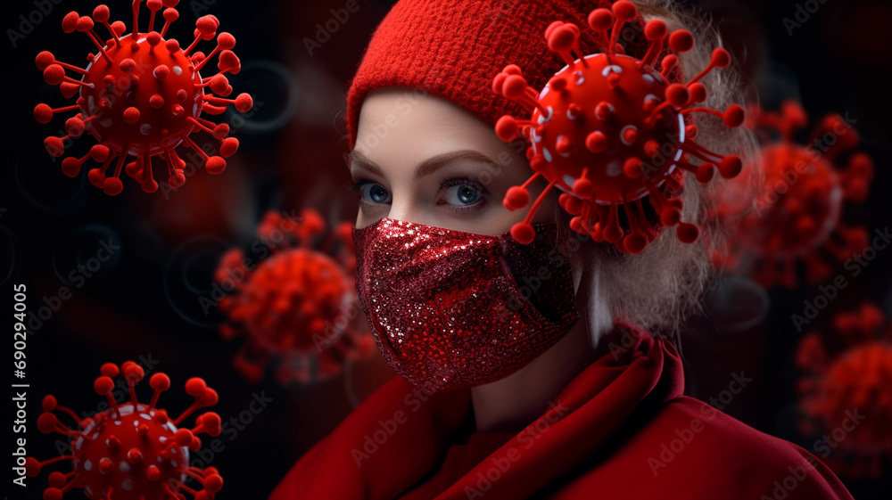 woman with a red medical mask on the background of coronavirus.