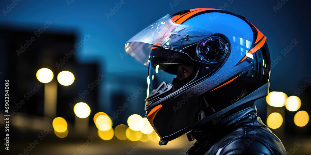 Close-up of a motorcyclist in a helmet riding a bike in the evening city against the background of blurred city streets and road. Equipment for a modern motorcyclist, copy space. Close-up of a motorcyclist in a helmet riding a bike in the evening city against the background of blurred city streets and road. Equipment for a modern motorcyclist, copy space.