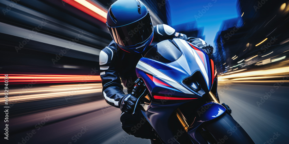 Close-up of a motorcyclist driver in a helmet riding a bike in the evening city against the background of blurred city streets and road. Equipment for a modern motorcyclist. Close-up of a motorcyclist driver in a helmet riding a bike in the evening city against the background of blurred city streets and road. Equipment for a modern motorcyclist.