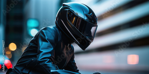 Close-up portrait of a motorcyclist in a helmet riding a bike in the evening city against the background of blurred city streets and road. Equipment for a modern motorcyclist. photo