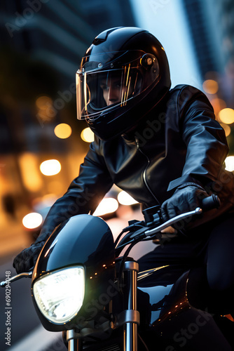 Close-up of a motorcyclist in a helmet riding a bike in the evening city against the background of blurred city streets and road. Equipment for a modern motorcyclist. © dinastya