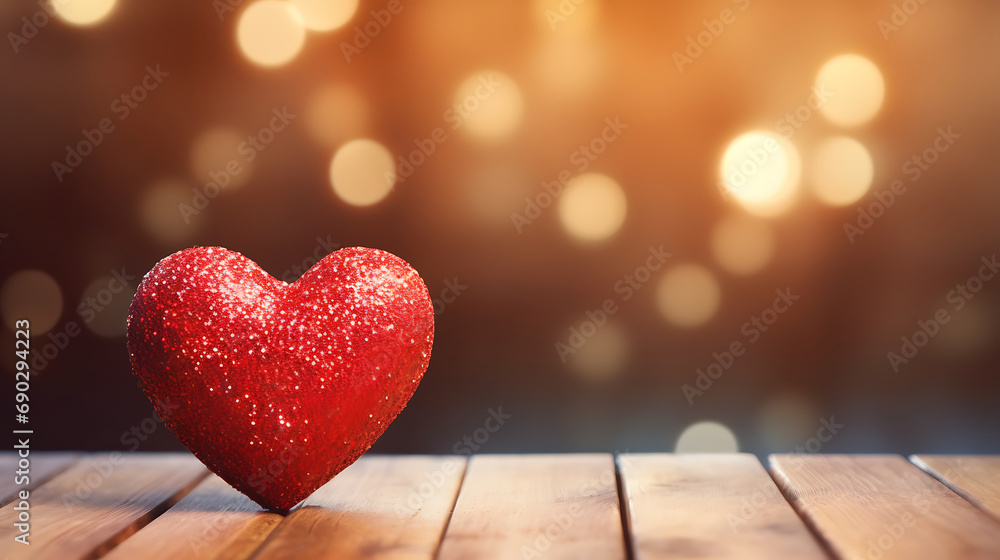 Close up of red heart on wooden table against defocused bokeh light background. Love, valentine's day concept. Generative Ai Close up of red heart on wooden table against defocused bokeh light background. Love, valentine's day concept. Generative Ai
