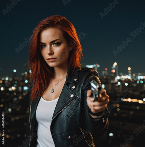 Woman with Fiery Red Hair Holds a Powerful Weapon