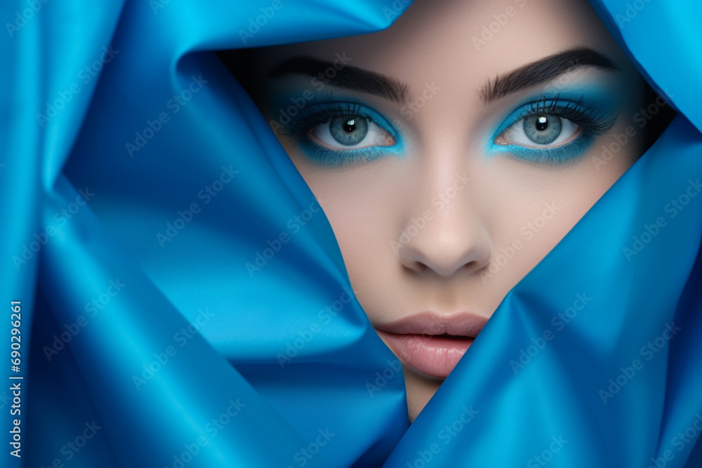 the face of a young beautiful girl with a bright make-up and puffy blue lips peers into a hole in blue paper.Fashion, beauty, make-up, cosmetics, hairstyle, beauty salon, boutique, discounts, sales the face of a young beautiful girl with a bright make-up and puffy blue lips peers into a hole in blue paper.Fashion, beauty, make-up, cosmetics, hairstyle, beauty salon, boutique, discounts, sales