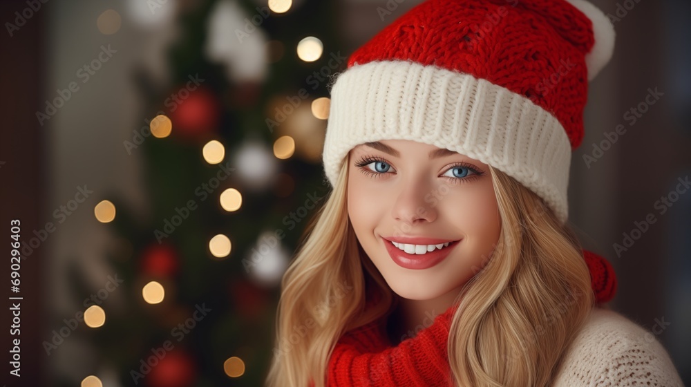 Close up smiling blonde blue eyes beauty girl wearing knitted red and white Santa red hat and sweater on Christmas or New year holiday with fir tree in the background Close up smiling blonde blue eyes beauty girl wearing knitted red and white Santa red hat and sweater on Christmas or New year holiday with fir tree in the background