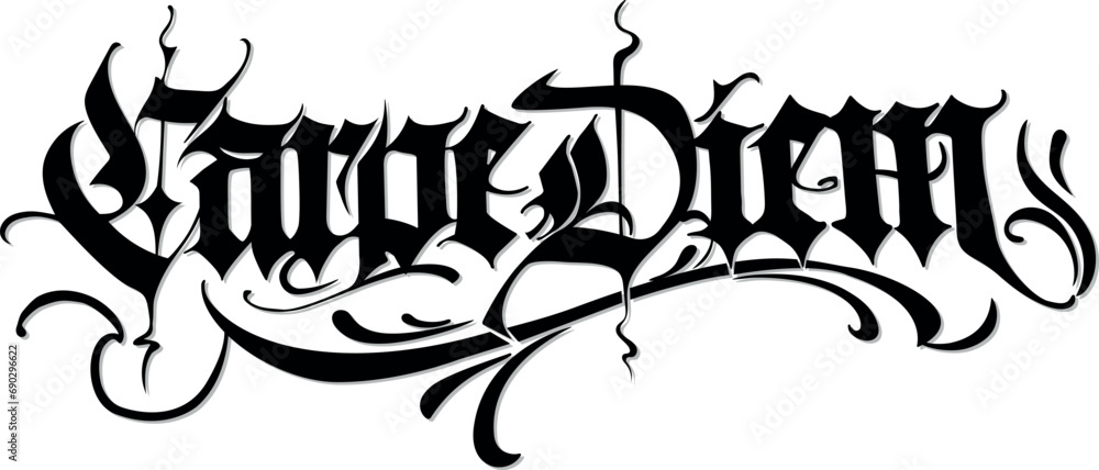 Carpe Diem lettering text, Latin quote. Seize the day or live now. Vector gothic typography for designs, brochures, banners, flyers and t-shirts
Carpe Diem lettering text, Latin quote. Seize the day or live now. Vector gothic typography for designs, brochures, banners, flyers and t-shirts