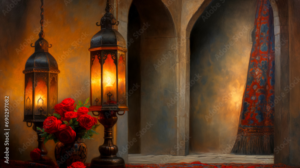Drawing with beautiful burning lanterns and bouquets of spring flowers in the courtyard of the house, copy space, postcard with wishes for Happy Nowruz Drawing with beautiful burning lanterns and bouquets of spring flowers in the courtyard of the house, copy space, postcard with wishes for Happy Nowruz
