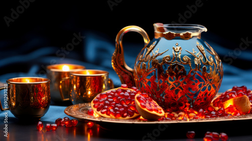 Still life with a jug of pomegranate juice and copper glasses, pomegranates on the table, an idea for a postcard or invitation to the spring holiday Nowruz