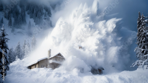 A snowstorm covered a house in the forest
