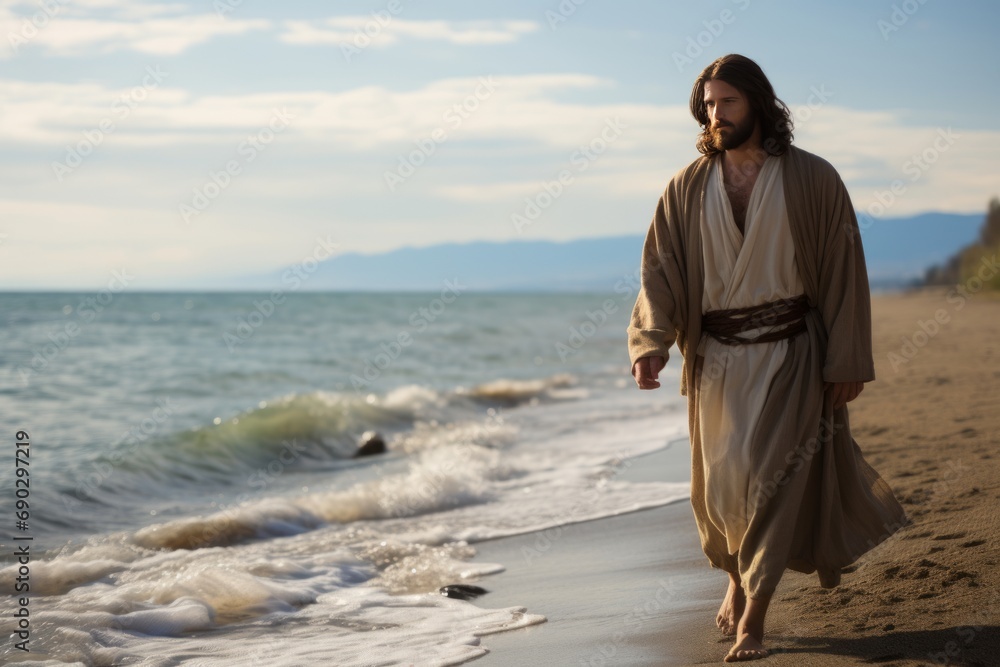 Jesus Christ walking along the shores of the sea of Galilee. Jesus Christ walking along the shores of the sea of Galilee.