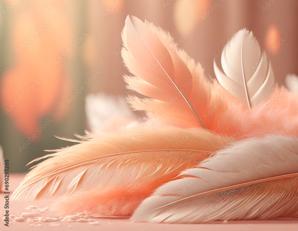 Color of the year 2024: Peach fuzz, delicate soft peach shade. For use in fashion, graphic and multimedia design. Hue that echoes innate desire for closeness and connection. Feathers and copy space. - obrazy, fototapety, plakaty 