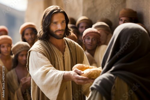 Jesus Christ passing out bread to the poor. 