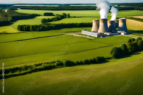 A nuclear power plant against the backdrop of a verdant summer meadow photo