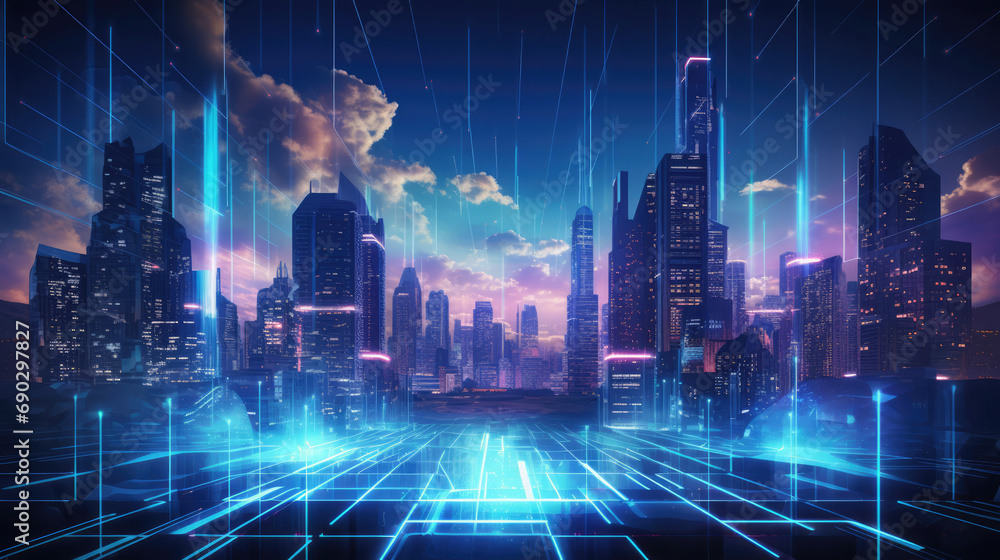 Immerse in the futuristic glow of a digital city, where shades of blue and purple intertwine, creating a captivating technology-driven background