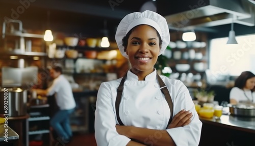 Portrait of a happy beautiful smiling female chef with hands crossed in the kitchen