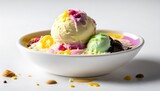 Vanilla ice-cream scoops in a bowl on white background - delicious ice creams.