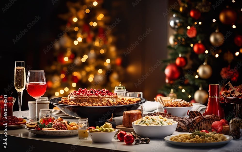 Christmas Dinner table full of dishes