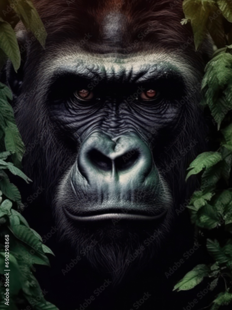 Close Up Portrait of Gorilla Between Jungle Leaves - AI Generated Digital Art Close Up Portrait of Gorilla Between Jungle Leaves - AI Generated Digital Art