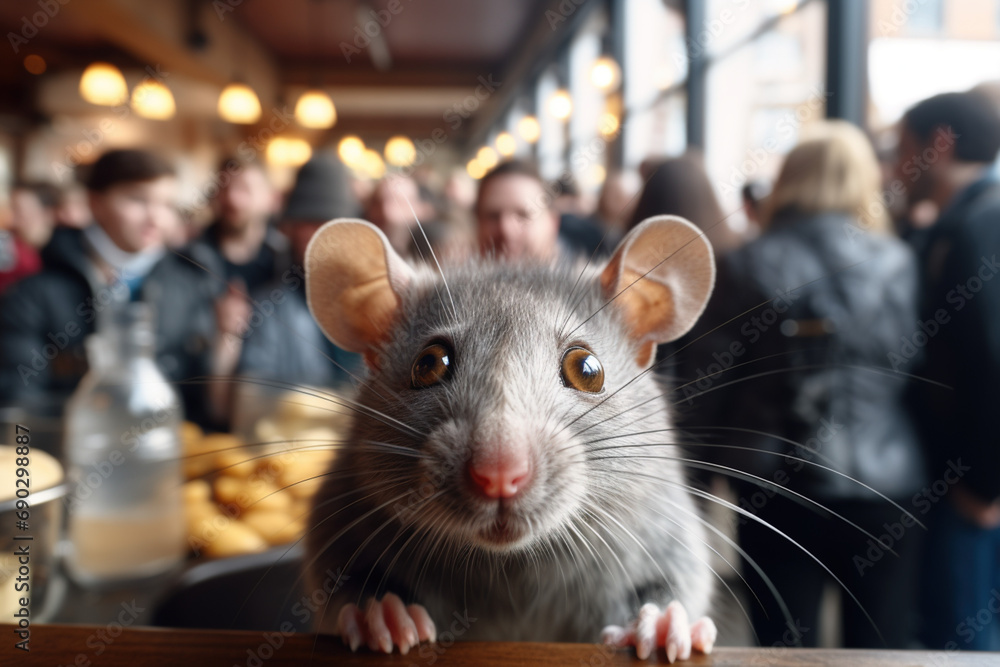 Fighting poisoning dangerous rodent in dirty public canteen places concept. Rat mouse looking into camera standing on bar counter in care restaurant with people on background - obrazy, fototapety, plakaty 