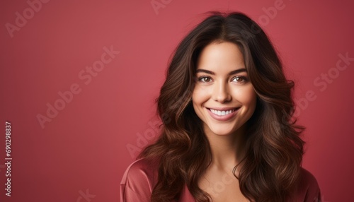 Portrait of beautiful woman with brown hair and looking us and smiling on pastel red background