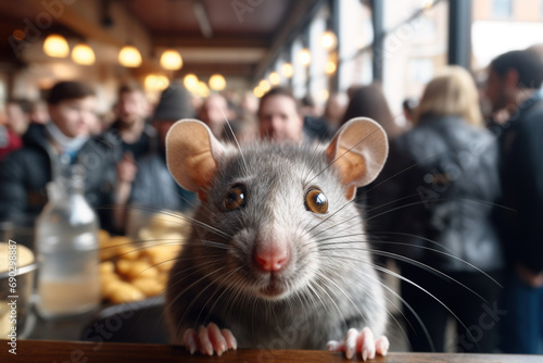 Fighting poisoning dangerous rodent in dirty public canteen places concept. Rat mouse looking into camera standing on bar counter in care restaurant with people on background photo