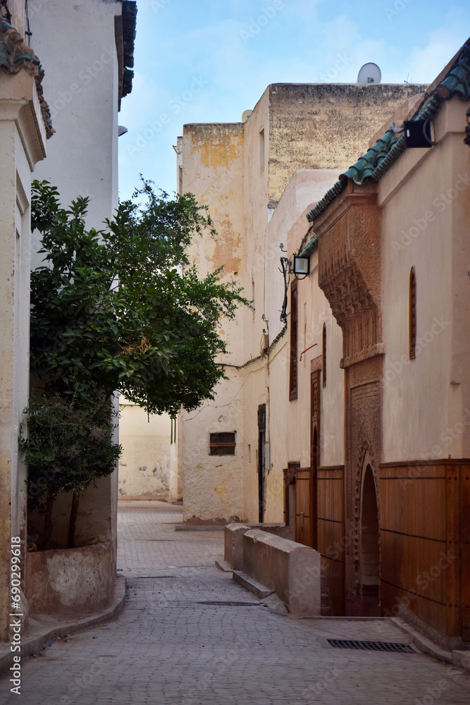Old buildings in city street in Fez, Morocco