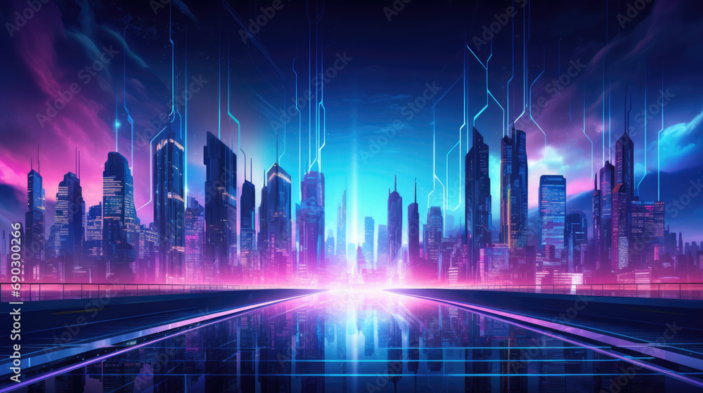 Immerse in the futuristic glow of a digital city, where shades of blue and purple intertwine, creating a captivating technology-driven background Immerse in the futuristic glow of a digital city, where shades of blue and purple intertwine, creating a captivating technology-driven background