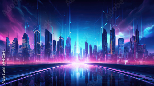 Immerse in the futuristic glow of a digital city  where shades of blue and purple intertwine  creating a captivating technology-driven background