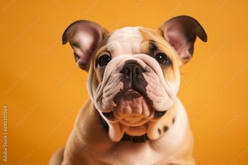 Close-up portrait for Website of small cute french bulldog pet with a curious puppy face at on bright yellow background. Website banner concept. Advertising postcards, notebooks. Close-up portrait for Website of small cute french bulldog pet with a curious puppy face at on bright yellow background. Website banner concept. Advertising postcards, notebooks.