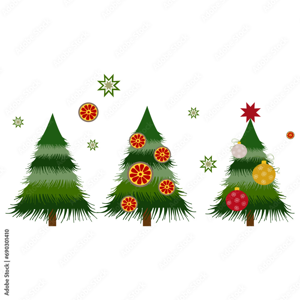 Set of christmas trees with christmas balls and stars Set of christmas trees with christmas balls and stars