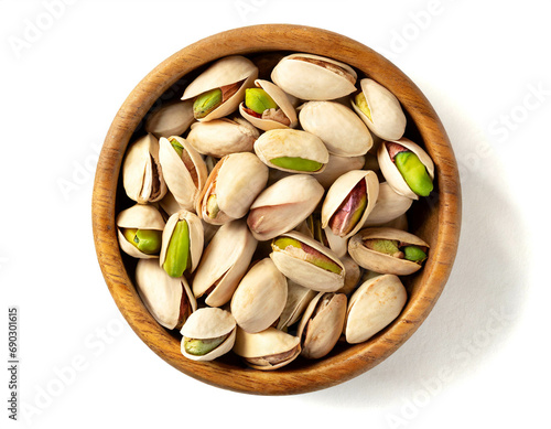Wooden bowl with pistachios isolated on white background, cut out, top view 