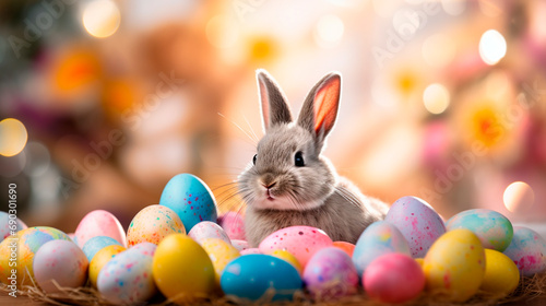 Easter bunny and many Easter eggs. Selective focus.