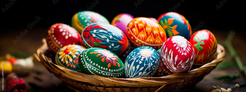 Easter background with many Easter eggs. Selective focus.