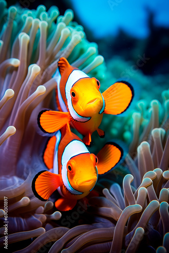 Underwater world with corals and fish. Selective focus.