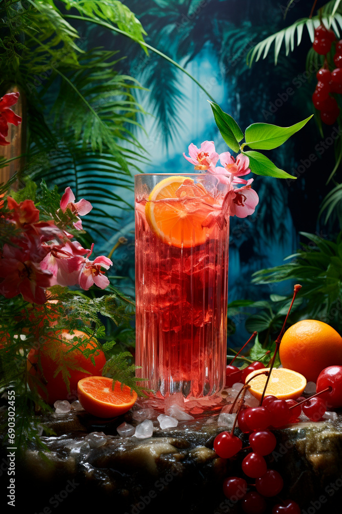 Tropical cocktail with cherries in a glass. Selective focus. Tropical cocktail with cherries in a glass. Selective focus.