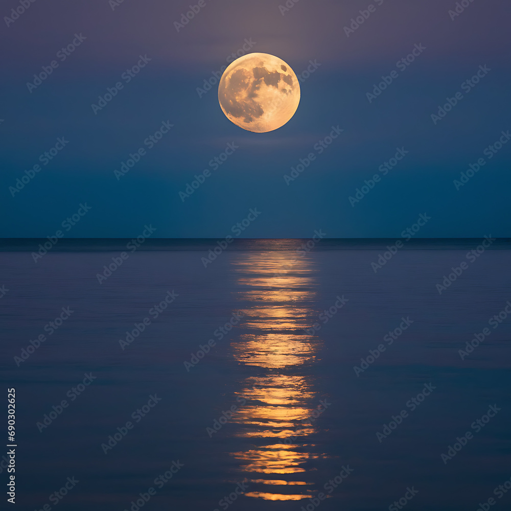 A full moon casts a bright glow over calm ocean waters where its reflection can be seen, creating a serene atmosphere under the dark sky along the gentle shoreline..