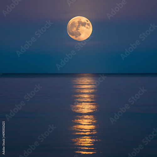 A full moon casts a bright glow over calm ocean waters where its reflection can be seen  creating a serene atmosphere under the dark sky along the gentle shoreline..