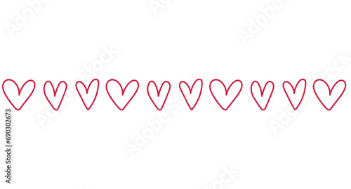 red heart seamless border. cute doodle hand drawn st valentines day frame. decoration with hearts isolated on transparent background