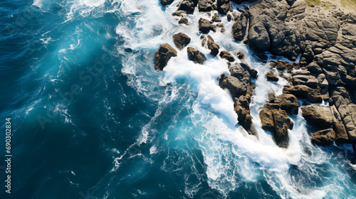 deep blue sea with white waves crashing against a rugged rocky coastline