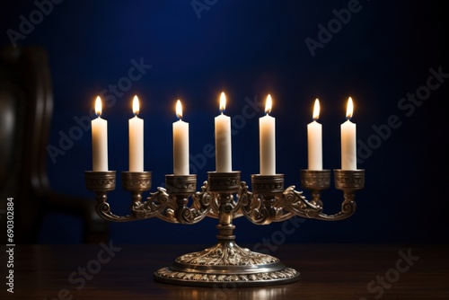 Silver antique and ornate candelabra with seven candles on wooden table on dark blue background. The candles are lit and have cozy glow